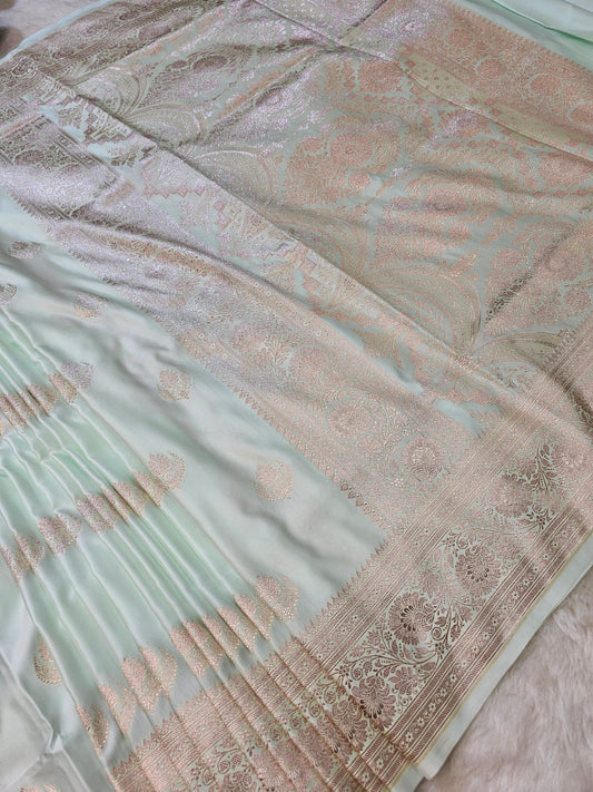 Banarasi Premium Mint Green Printed Tissue Silk Saree with Rose Gold Zari Woven Pallu & Floral Border