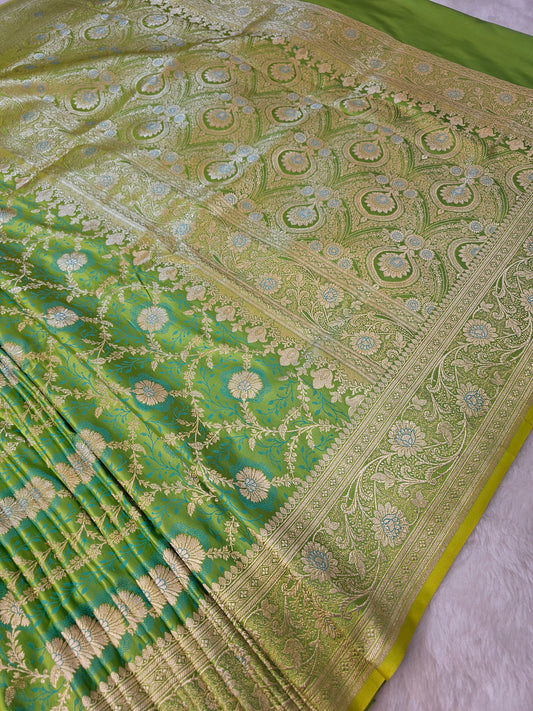 BanarasiPremium Lime Green Tissue Silk Saree with Gold Zari Floral Weaving & Rich Banarasi Pallu