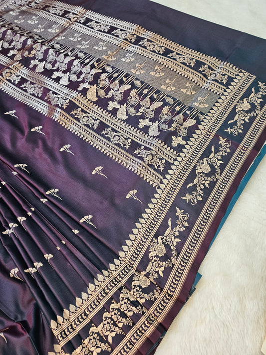 Banarasi Royal Purple Mashru Silk Saree with Floral Zari Border & Elegant Buti Weaving