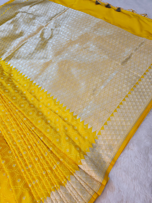 Banarasi Sunshine Yellow Mashru Silk Saree with Silver Zari Geometric Pallu & Floral Buti Weaving