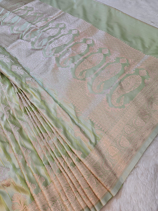 Banarasi Pastel Mint Green Mashru Silk Saree with Rose Gold Zari Paisley Pallu & Floral Weaving