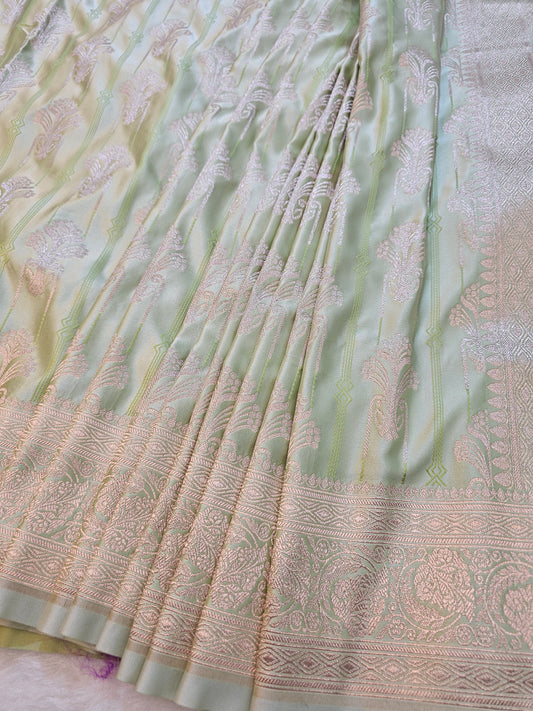 Banarasi Pastel Mint Green Mashru Silk Saree with Rose Gold Zari Paisley Pallu & Floral Weaving