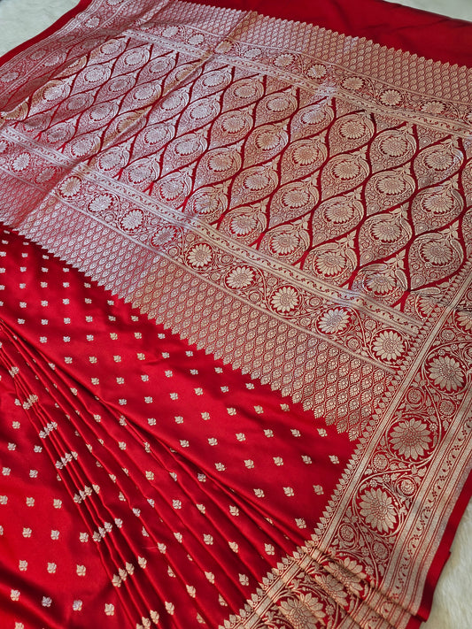 Banarasi Royal Red Mashru Silk Saree with Antique Gold Zari Paisley Pallu & Floral Border