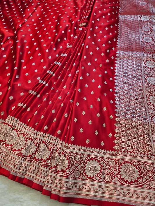 Banarasi Royal Red Mashru Silk Saree with Antique Gold Zari Paisley Pallu & Floral Border