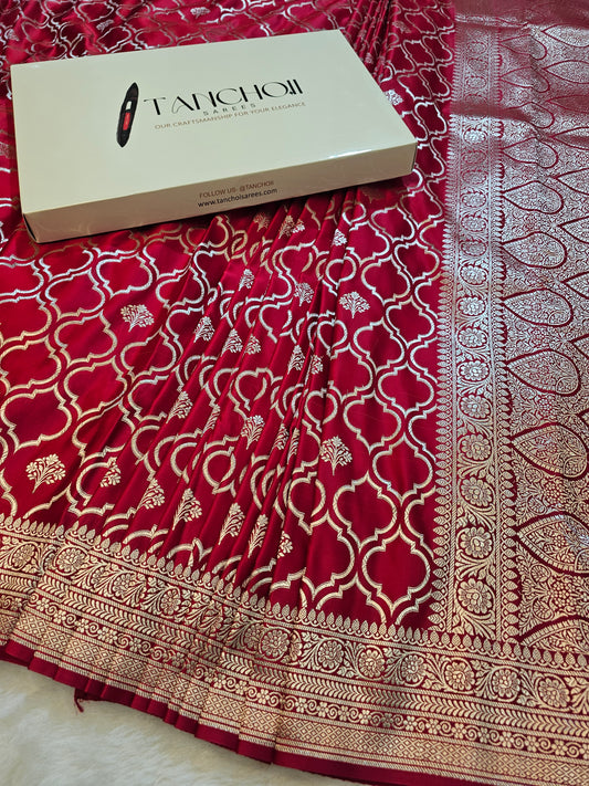 Banarasi Royal Red Mashru Silk Saree with Gold Zari Paisley Jaal & Designer Border