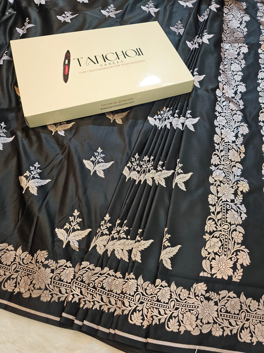 Banarasi Midnight Black Mashru Silk Saree with Gold Zari Floral Buti & Designer Border