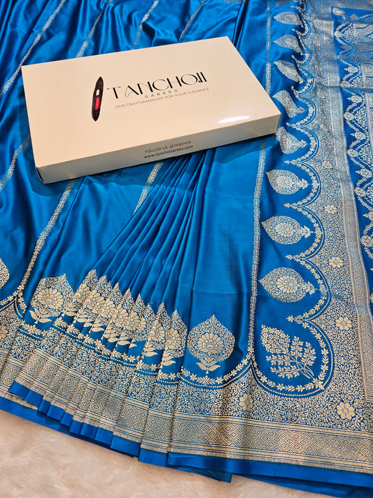 Banarasi Royal Blue Mashru Silk Saree with Gold Zari Paisley Jaal & Banarasi Floral Border
