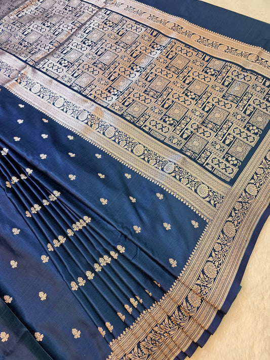 Banarasi Navy Blue Mashru Silk Saree with Heritage Zari Pallu & Banarasi Floral Borde