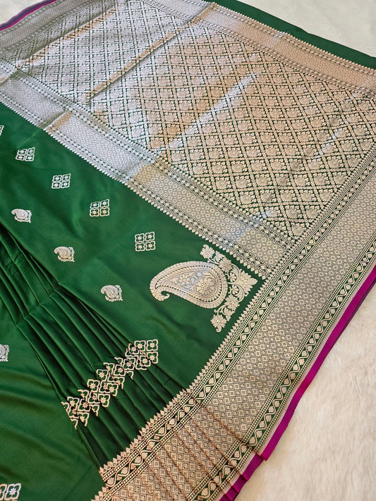 Banarasi Emerald Green Mashru Silk Saree with Paisley Butis & Geometric Banarasi Zari Border