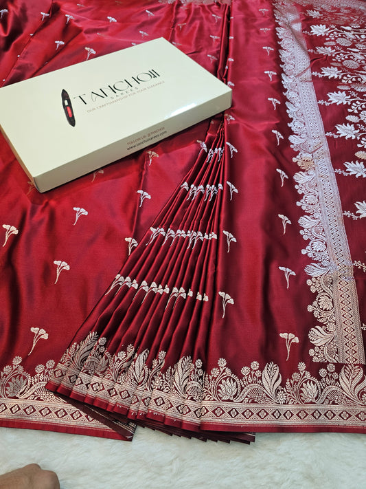 BanarasiRuby Red Mashru Silk Saree with Floral Banarasi Zari Pallu & Elegant Border