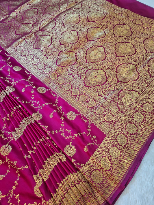 Banarasi Mashru Silk Saree in Rani Pink with Golden Zari Floral Weaving & Grand Banarasi Pallu