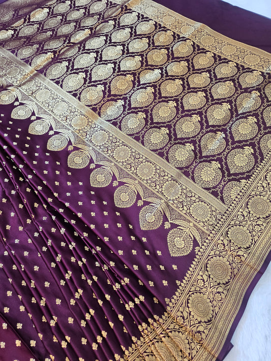 Banarasi Mashru Silk Saree in Deep Wine Purple with Antique Gold Zari Buti & Grand Banarasi Paisley Pallu