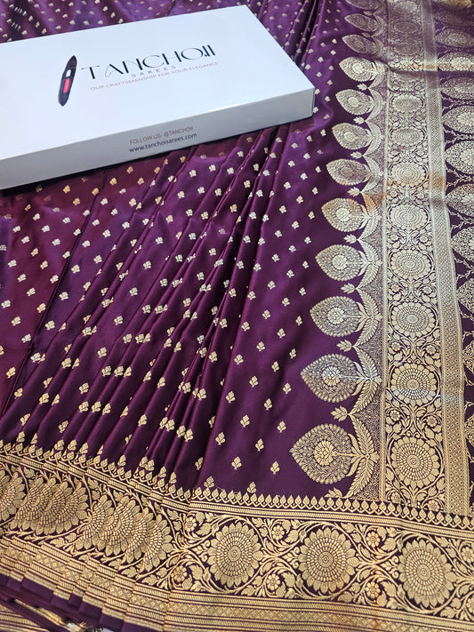 Banarasi Mashru Silk Saree in Deep Wine Purple with Antique Gold Zari Buti & Grand Banarasi Paisley Pallu