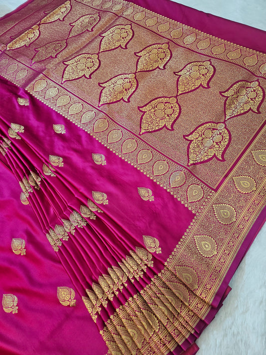 Banarasi Mashru Silk Saree in Rani Pink with Gold Zari Buti & Grand Banarasi Paisley Pallu