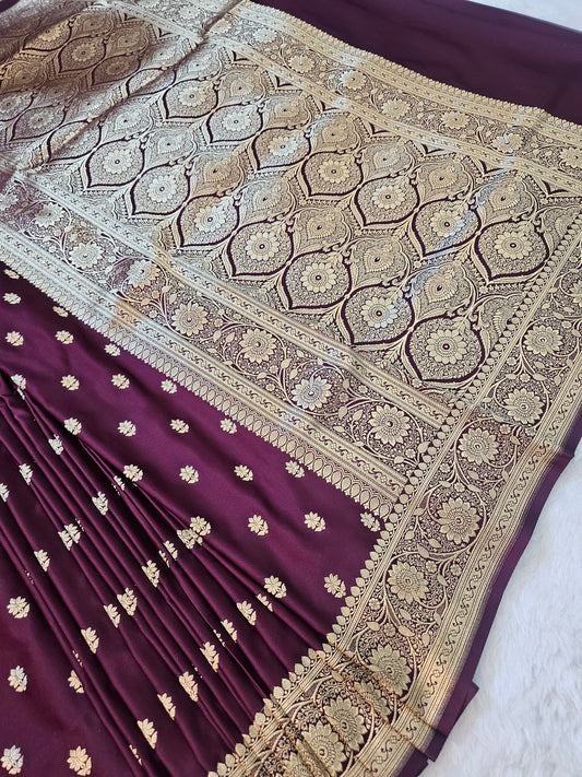 Banarasi Mashru Silk Saree in Deep Wine Purple with Gold Zari Floral Buti & Grand Banarasi Paisley Pallu