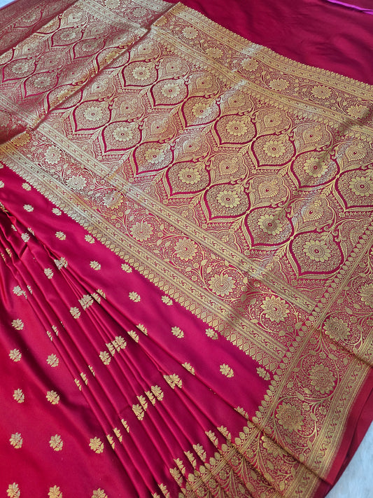 Banarasi Mashru Silk Saree in Red with Gold Zari Buti & Elegant Banarasi Floral Border