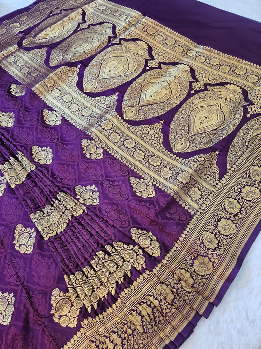 Banarasi Mashru Silk Saree in Royal Purple with Gold Zari Floral Buti & Grand Banarasi Paisley Pallu