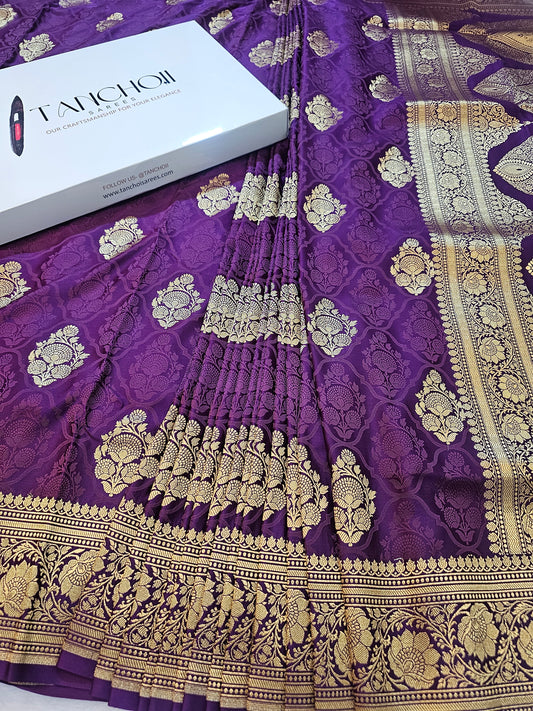 Banarasi Mashru Silk Saree in Royal Purple with Gold Zari Floral Buti & Grand Banarasi Paisley Pallu