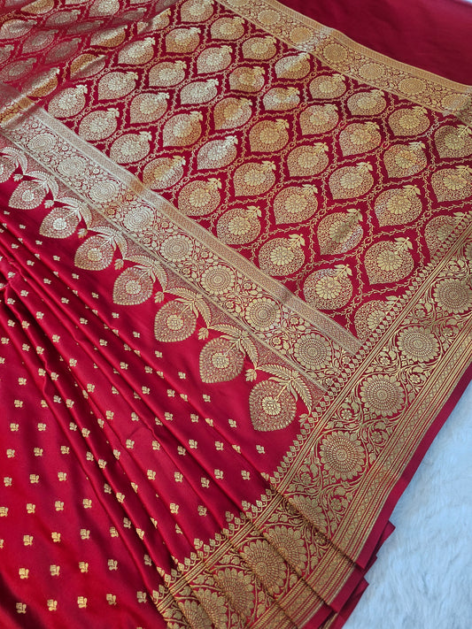 Banarasi Mashru Silk Saree in Ruby Red with Rich Gold Zari Floral Butis & Grand Banarasi Paisley Pallu