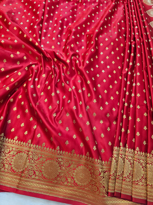 Banarasi Mashru Silk Saree in Ruby Red with Rich Gold Zari Floral Butis & Grand Banarasi Paisley Pallu