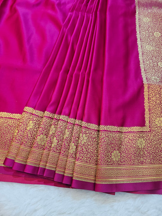 Banarasi Mashru Silk Saree in Rani Pink with Antique Gold Zari Paisley Pallu & Floral Border