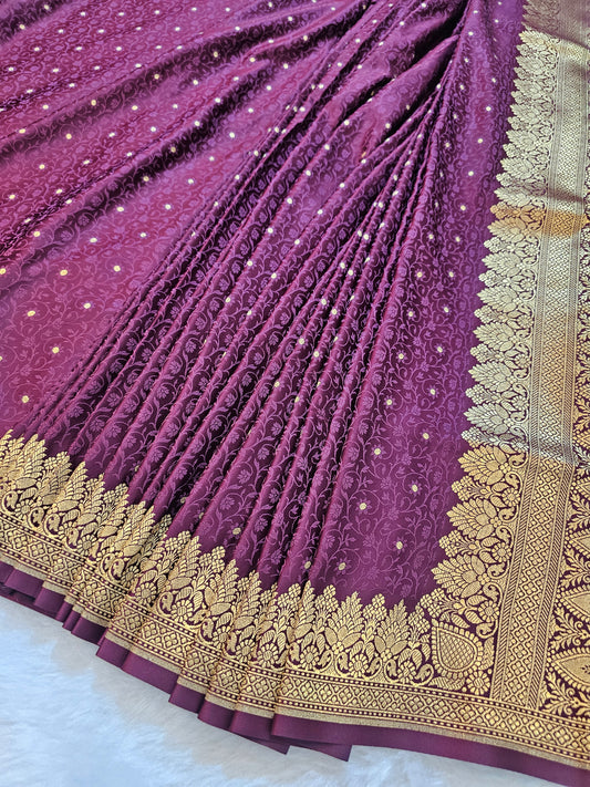 Banarasi Premium Wine Purple Mashru Silk Saree with Rich Gold Zari Paisley Weaving