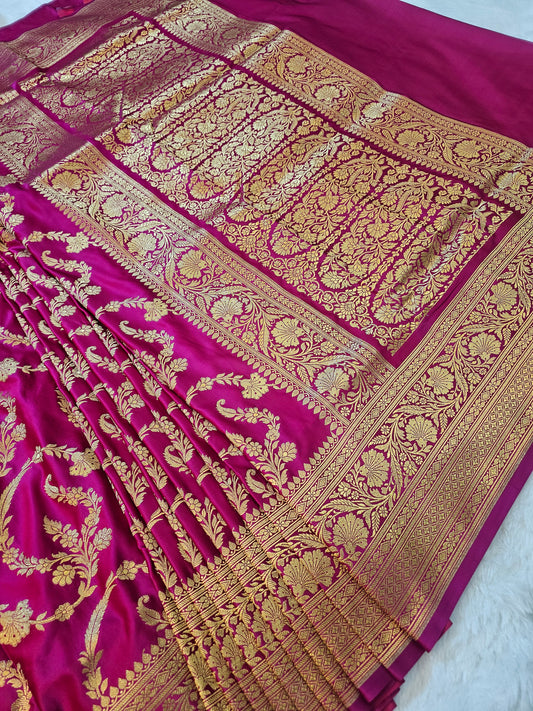 Banarasi Premium Rani Pink Mashru Silk Saree with Antique Gold Floral Zari Weaving