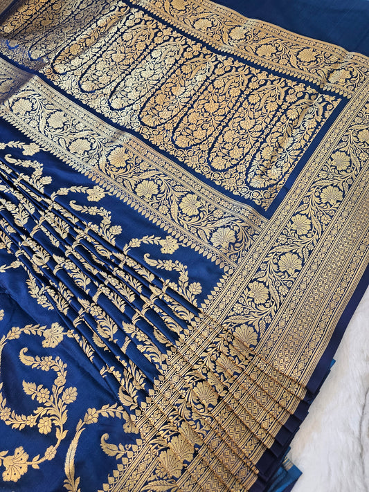 Banarasi Premium Royal Blue Mashru Silk Saree with Antique Gold Floral Zari Weaving