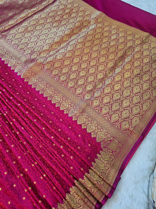 Banarasi Premium Rani Pink Mashru Silk Saree with Antique Gold Paisley Zari Weaving