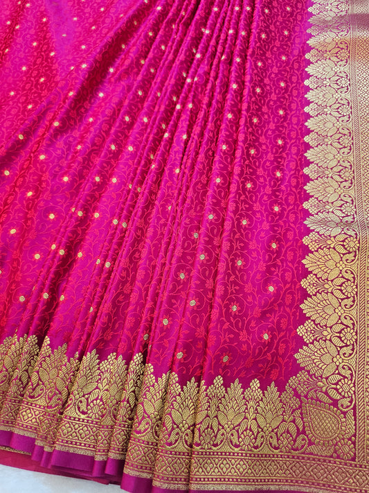 Banarasi Premium Rani Pink Mashru Silk Saree with Antique Gold Paisley Zari Weaving