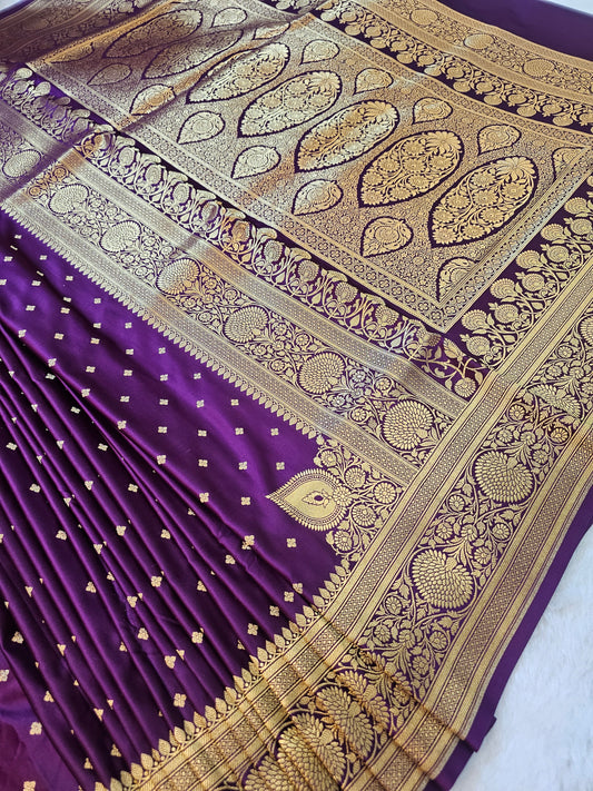 Banarasi Premium Royal Purple Mashru Silk Saree with Antique Gold Floral Zari Border