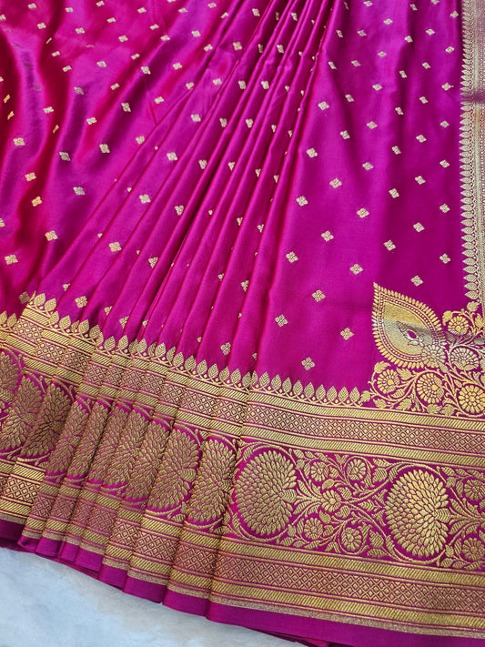 Banarasi Mashru Silk Saree in Rani Pink with Gold Zari Floral Butis & Grand Banarasi Paisley Pallu