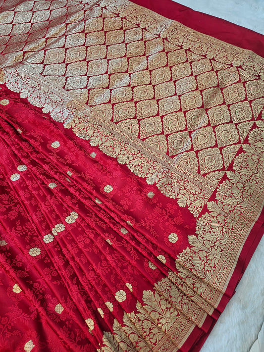 Banarasi Mashru Silk Saree in Crimson Red with Gold Zari Floral Butis & Grand Banarasi Pallu