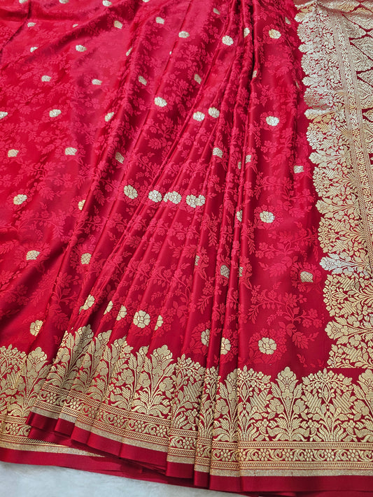 Banarasi Mashru Silk Saree in Crimson Red with Gold Zari Floral Butis & Grand Banarasi Pallu