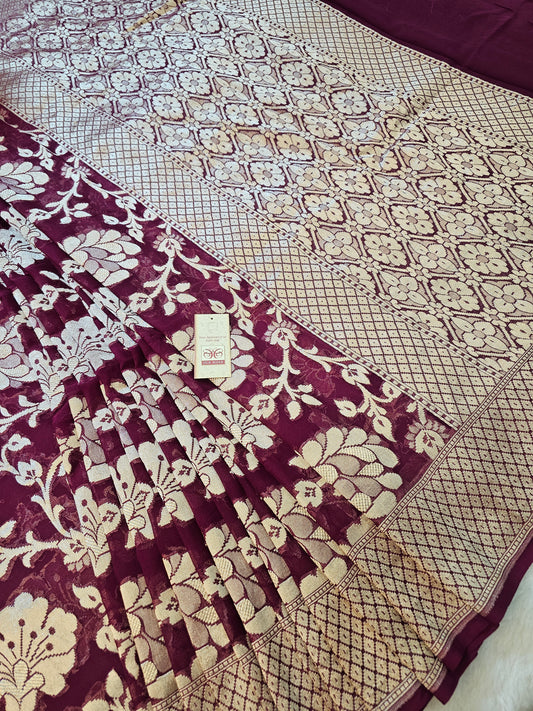 Banarasi Pure Wine Chiffon Khaddi Silk Saree with Silver Zari Floral Weaving & Designer Banarasi Pallu