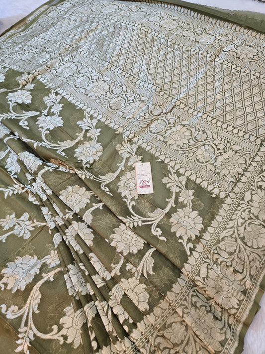 Banarasi Pure Olive Green Chiffon Khaddi Silk Saree with Silver Zari Floral Weaving & Grand Banarasi Pallu