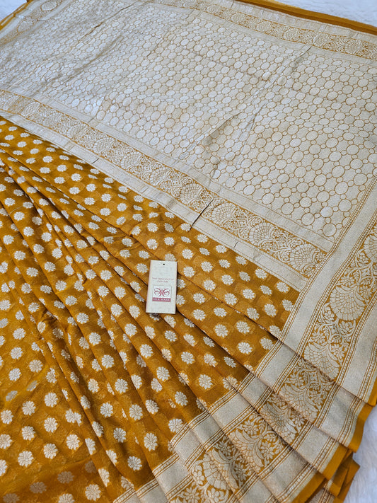 Banarasi Pure Mustard Gold Chiffon Khaddi Saree with Silver Zari Buti & Grand Banarasi Pallu