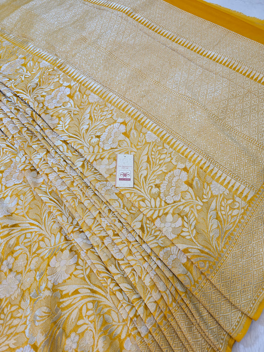 Banarasi Pure Mustard Yellow Chiffon Khaddi Saree with Silver Zari Floral Jaal & Grand Banarasi Pallu