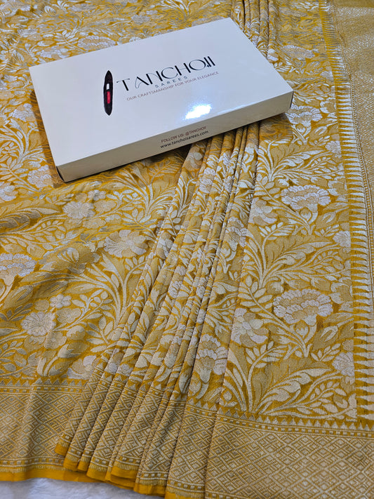 Banarasi Pure Mustard Yellow Chiffon Khaddi Saree with Silver Zari Floral Jaal & Grand Banarasi Pallu