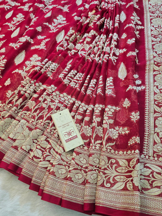 Banarasi Pure Maroon Chiffon Khaddi Saree with Antique Gold Zari Floral Jaal & Grand Banarasi Pallu
