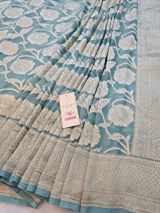 Banarasi Pure Sky Blue Chiffon Khaddi Saree with Silver Zari Floral Border & Rich Banarasi Pallu