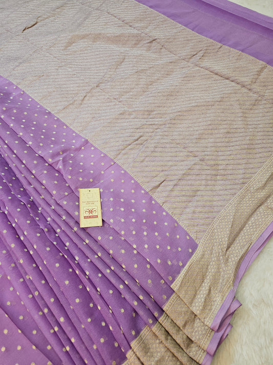 Banarasi Pure Lavender Chiffon Khaddi Saree with Gold Zari Buti & Rich Banarasi Pallu