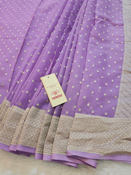 Banarasi Pure Lavender Chiffon Khaddi Saree with Gold Zari Buti & Rich Banarasi Pallu