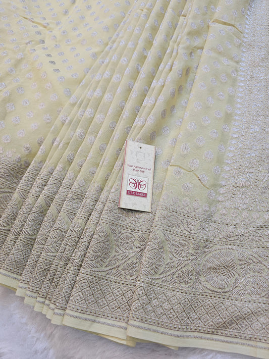 Banarasi Pure Ivory Chiffon Khaddi Saree with Silver Banarasi Zari Buti & Heavy Floral Pallu