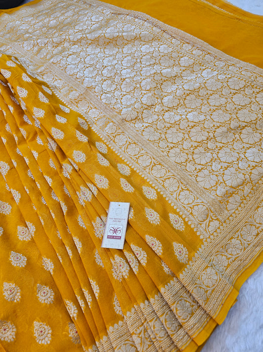 Banarasi Pure Mustard Yellow Chiffon Khaddi Saree with Silver Banarasi Zari Buti & Floral Pallu