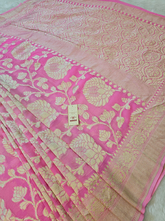 Banarasi Pure Baby Pink Chiffon Khaddi Saree with Gold Banarasi Zari Floral Weaving
