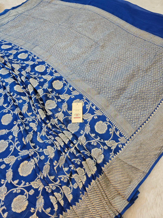 Banarasi Pure Royal Blue Chiffon Khaddi Saree with Silver Banarasi Zari Floral Weaving
