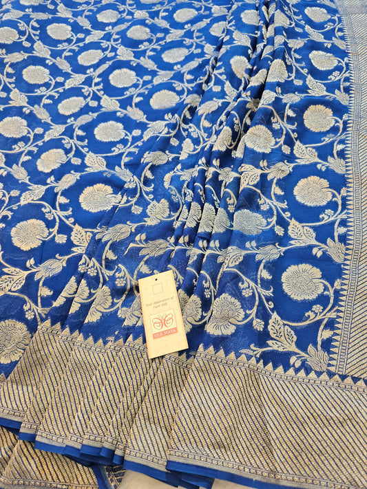 Banarasi Pure Royal Blue Chiffon Khaddi Saree with Silver Banarasi Zari Floral Weaving