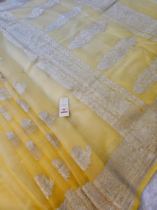 Banarasi Pure Yellow Chiffon Khaddi Saree with Silver Banarasi Zari Weaving