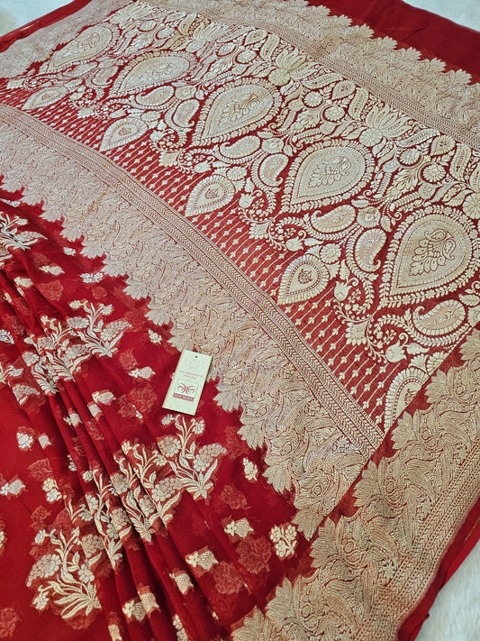 Banarasi Pure Chiffon Khaddi Saree with Rich Banarasi Zari Paisley Pallu – Bridal Red